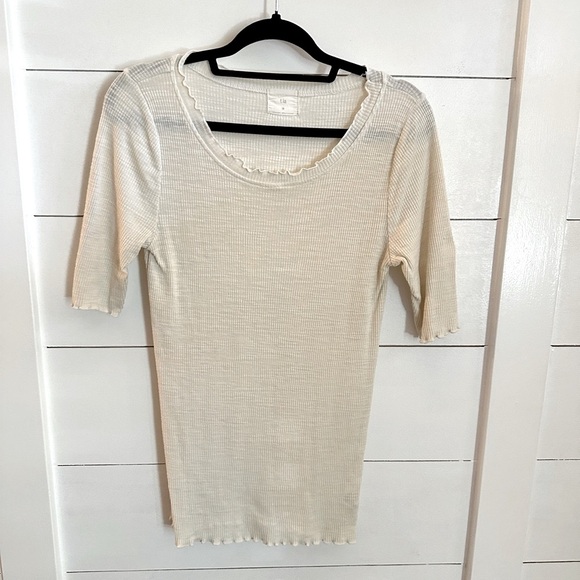 Y2K ANTHRO T.LA Cream ribbed ruffled hem Bella Swam simple short sleeve tunic M - Picture 1 of 12